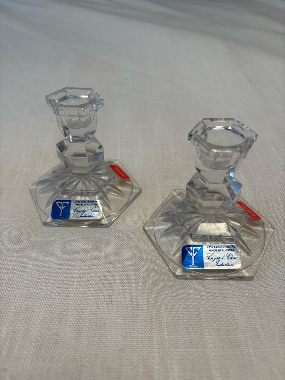 Set of 2 Vintage Crystal Clear Industries 24% Lead Crystal Candlestick Holders